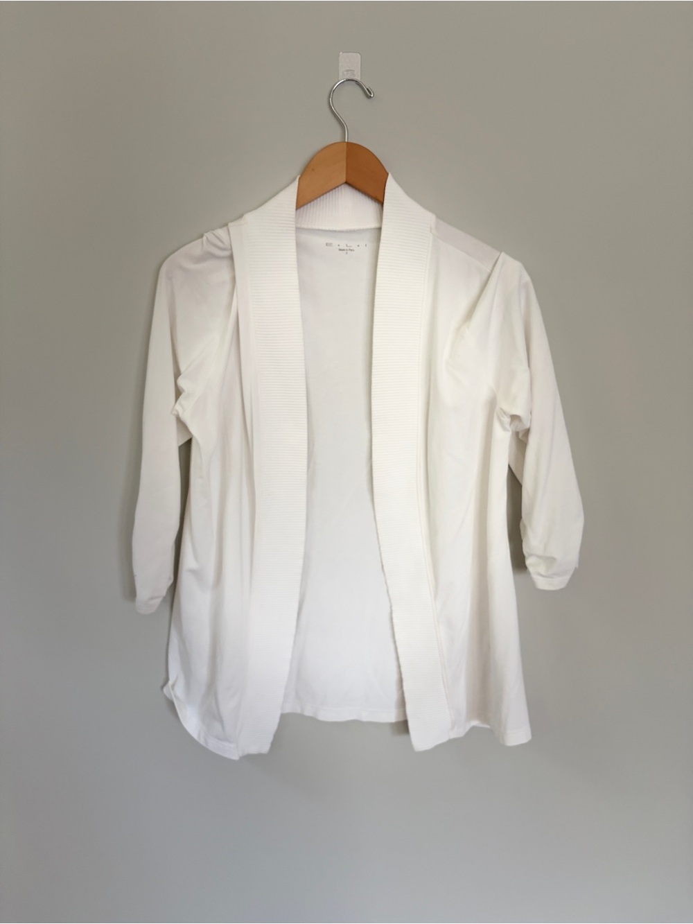 ELI Pima Cotton Soft White Open Front Cardigan with Ribbed Shawl Collar